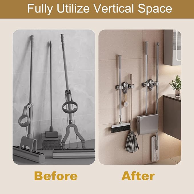 Broom Hanger Mop Hanger, Wall Mount Mop Grippers, No Punching Required Broom Hanger Organizer for Bathroom, Kitchen, Laundry Room, Home Garden, Garage Storage and Organization Rack (Transparent)