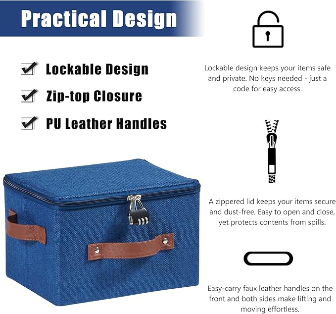 2PCS Storage Bins Box with Zipper Lid Combination Lock PU Leather Handles Cotton Linen Fabric Lidded Lockable Basket Foldable Washable Closet Shelf Organizer Container (Deep Blue, Small)