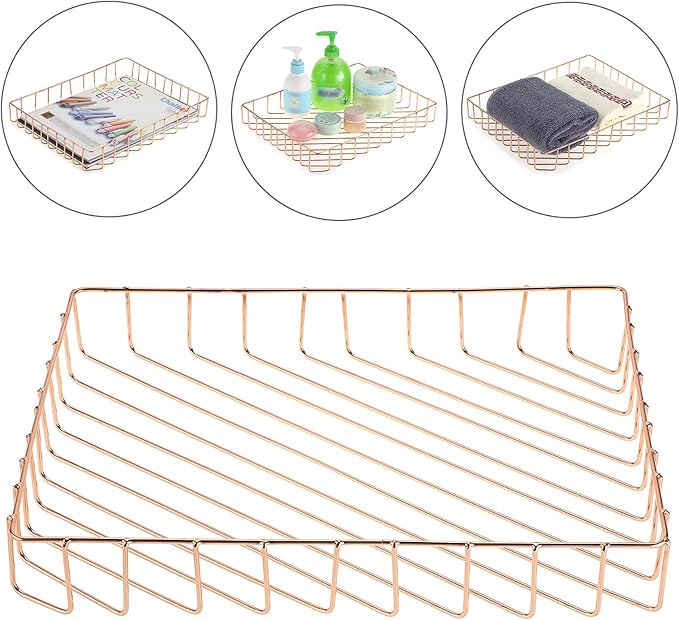 BTSKY Multipurpose A4 File Tray Wire Desk Tray Organizer Elegant Letter Size Desk Documents Trays Magazine Files Storage Basket Organizer Bin for Office Cosmetics Bathroom(Rose Gold)