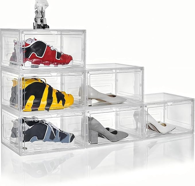 Clear Shoe Box Plastic Stackable Upgraded 6 Pack Shoe Storage Box Organizer with Clear Large Magnetic Door for Display Sneakers Easy Assembly, White-NeatNest