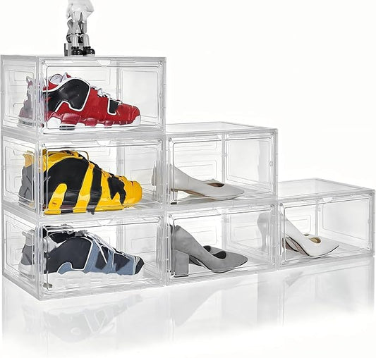 Clear Shoe Box Plastic Stackable Upgraded 6 Pack Shoe Storage Box Organizer with Clear Large Magnetic Door for Display Sneakers Easy Assembly, White-NeatNest