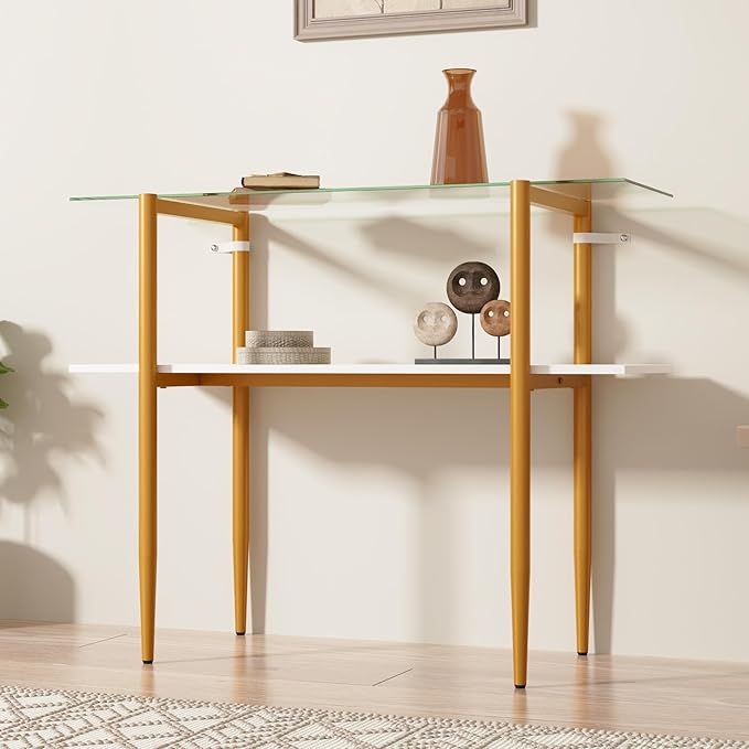 Glass Sofa Table, Mid-Century Modern Entryway Table with Tempered Glass & Golden Legs, 2-Tier Behind Couch Table for Living Room Hallway Entrance, White-NeatNest