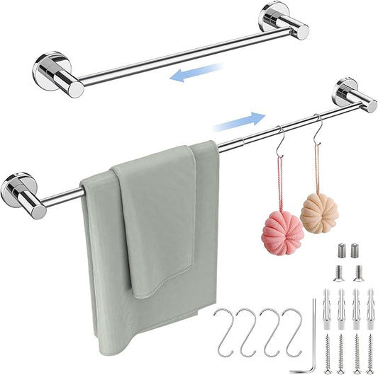 Adjustable Single Bath Towel Bar 16 to 27.6 Inch,ZUEXT Chrome Finished Stainless Steel Towel Holder Hanger,Retractable Wall Mounted Towel Rail for Bathroom Kitchen,1" Tube Towel Rail Rack w/S Hooks
