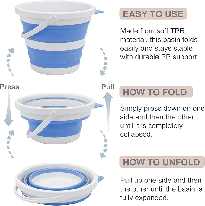 Small Collapsible Bucket 1.3 Gal/5L, Space-Efficient, Portable Foldable Water Pail for Household, Outdoor Use, Car Wash, Camping, Fishing - Blue, Single Pack-NeatNest