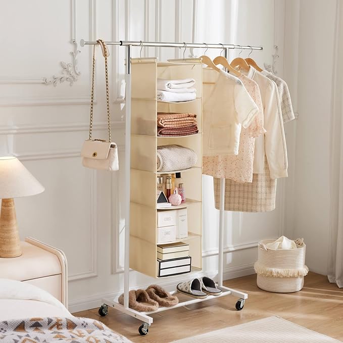 MAX Houser 6 Tier Shelf Hanging Closet Organizer, Cloth Hanging Shelf with 2 Sturdy Hooks for Storage, Foldable (Beige)-NeatNest