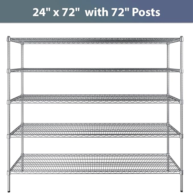 24" x 72" NSF Chrome 5-Shelf Kit with 72" Posts, Commercial Storage Rack Unit, Heavy Duty Storage Shelving, Wire Shelving Kit, Adjustable Rack Strong Steel, Multipurpose Wire Shelf