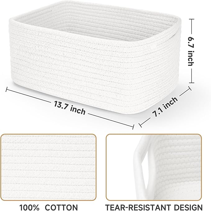 3-Pack Storage Baskets for Organizing | Woven Shelf Toy Basket | Rope Baskets for Gifts Empty | Closet Organizer Bins with Handles | Cube Decorative Box | 13.7×7.1×6.7” | White-NeatNest