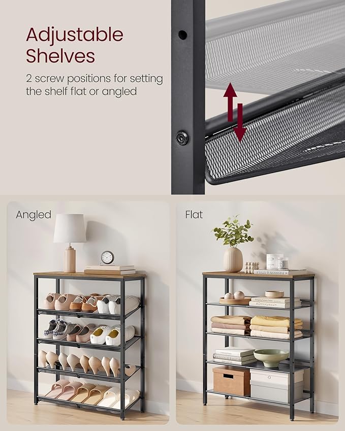 VASAGLE Shoe Rack for Entryway, 5-Tier Shoe Rack Organizer with Storage Shelves and Spacious Top, Freestanding, Adjustable, Industrial, Honey Brown and Ink Black ULBS038K01-NeatNest