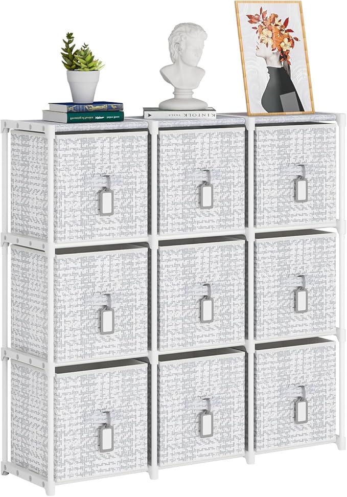 9 Cube Storage Organizer with Printed Drawers, Toy Cubby Storage for Closet, Living Room, Dorm - White-NeatNest