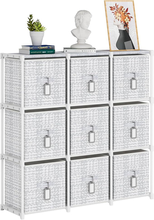 9 Cube Storage Organizer with Printed Drawers, Toy Cubby Storage for Closet, Living Room, Dorm - White-NeatNest