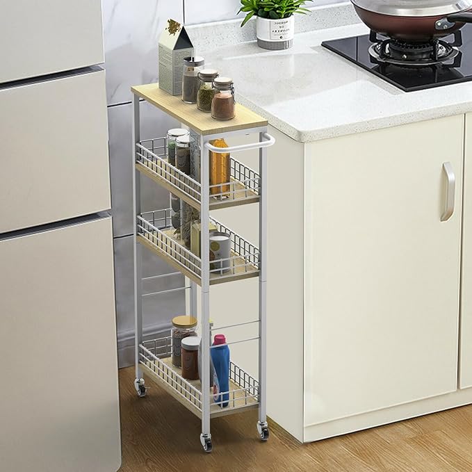 Slim Storage Cart White Narrow Storage Cabinet 4 Tier Laundry Room Organization Mobile Bathroom Shelving Unit Organizer Rolling Utility Cart Slide Out Kitchen Cart Tower Rack for Narrow Places 7.08’’W-NeatNest