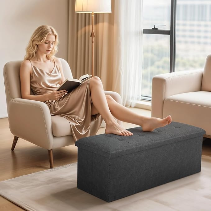 Ottoman Folding Storage Bench, 43x15x15 Inch, Foot Rest Stool for Living Room, Bedroom, Entryway, End of Bed - Multi-Functional Ottoman with Storage Dark Gray