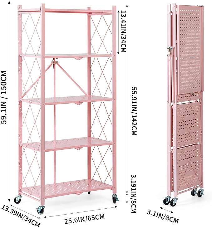 BRIAN & DANY 5-Tier Foldable Storage Shelves with Wheels, Folding Metal Rack Shelving Unit, Heavy Duty No Assembly Organizer Shelf for Garage, Kitchen, Basement, Pantry, Pink-NeatNest