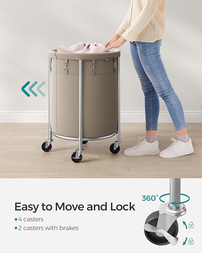 SONGMICS Laundry Basket with Casters, Rolling Laundry Hamper, 29 Gal., Round Laundry Cart with Steel Frame and Removable Bag, 4 Casters and 2 Brakes, Camel Brown and Metallic Silver URLS002N01