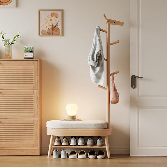 Shoe Bench Entryway,Coat Rack with Shoe Storage, Coat Rack and Shoe Rack, Wooden Narrow Shoe Bench（Natural）