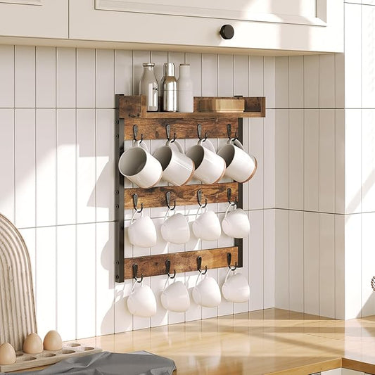Coffee Mug Holder Stand, 3 Tier Mug Tree Rack, Hanging 12 Cups, with Top Shelf, for Kitchen, Dining Room, Living Room, Cafe, Rustic Brown MH42BR-NeatNest