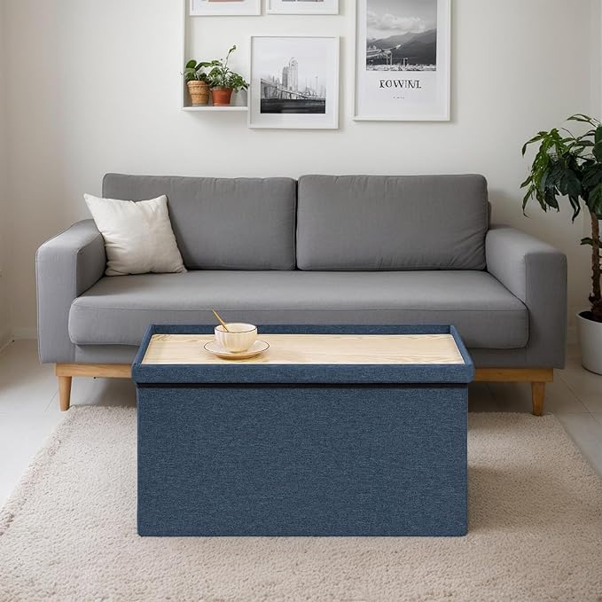 30 Inch Folding Storage Ottoman with Reversible Lid Coffee Table, Linen Fabric Multi-Functional Foot Rest & Seat for Living Room, Bedroom Dark Blue