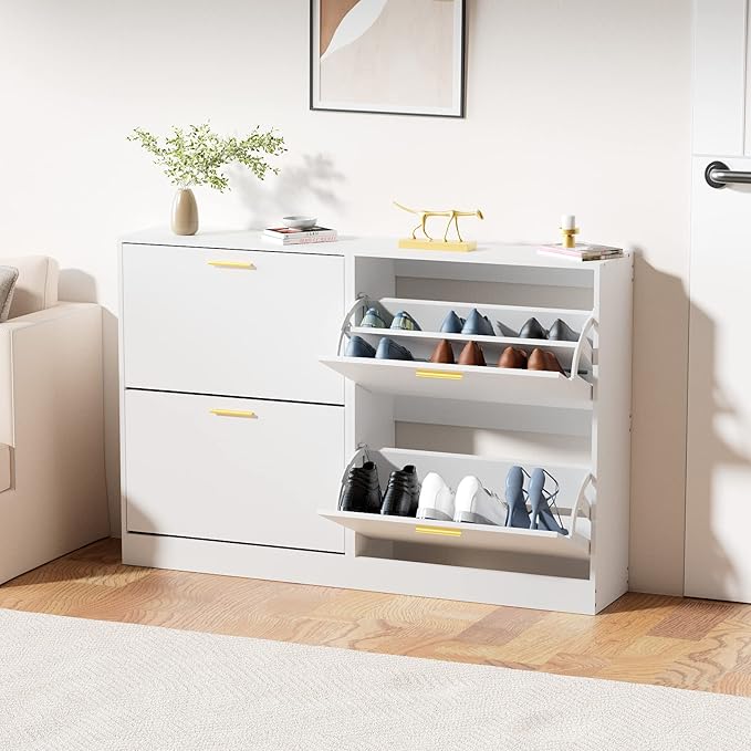 JOZZBY Shoe Cabinet Storage for Entryway, Slim White Hidden Shoe Organizer Cabinet with 2 Flip Drawers, Wooden Narrow Shoe Rack with 2 Tier Freestanding for Hallway, Living Room-NeatNest