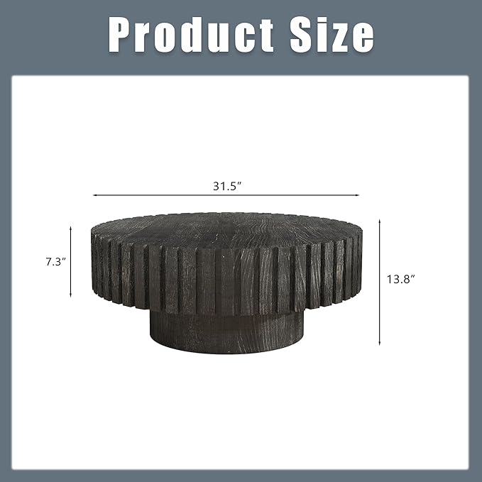 kevinplus 31.4'' Round Circle Coffee Table Modern Wood Coffee Table for Living Room, Contemporary Minimalist Fluted Drum Pedestal Style, Easy Assembly, Black