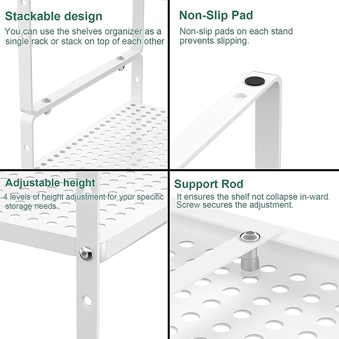 iPEGTOP Large Expandable Cabinet Storage Shelf Organizer Rack, Heavy Duty Stackable Steel Metal Spice Rack Adjustable Height Home Office Pantry Garage Shelf for Counter Kitchen, White - 1 Pack-NeatNest