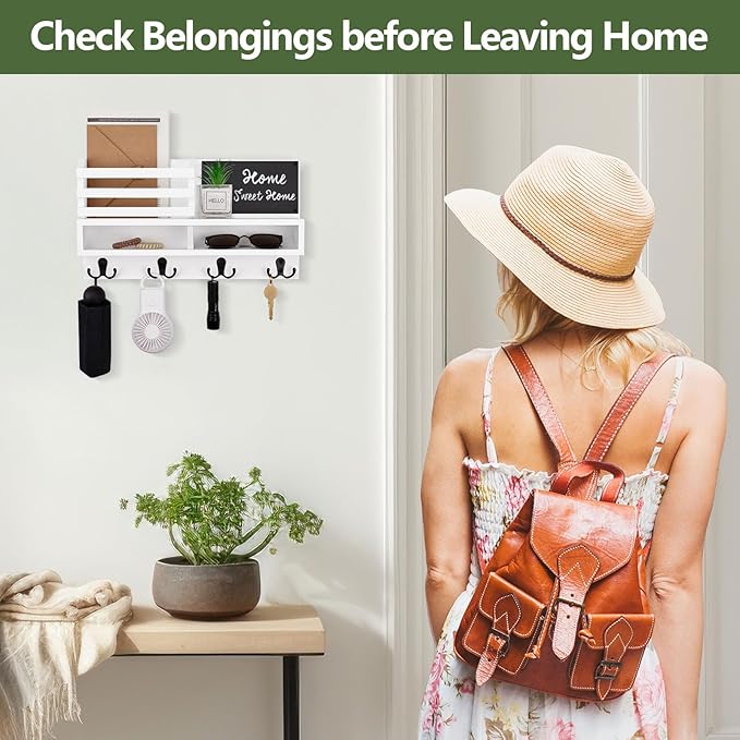 Key Holder for Wall, Wall Mounted Mail Holder Wooden with Shelf & 3 Liquid Chalks & Chalkboard, Mail Sorter Organizer, Rustic Home Decor - Entryway Living Room (15.98”W x 9.1”H x 3.3”D), White