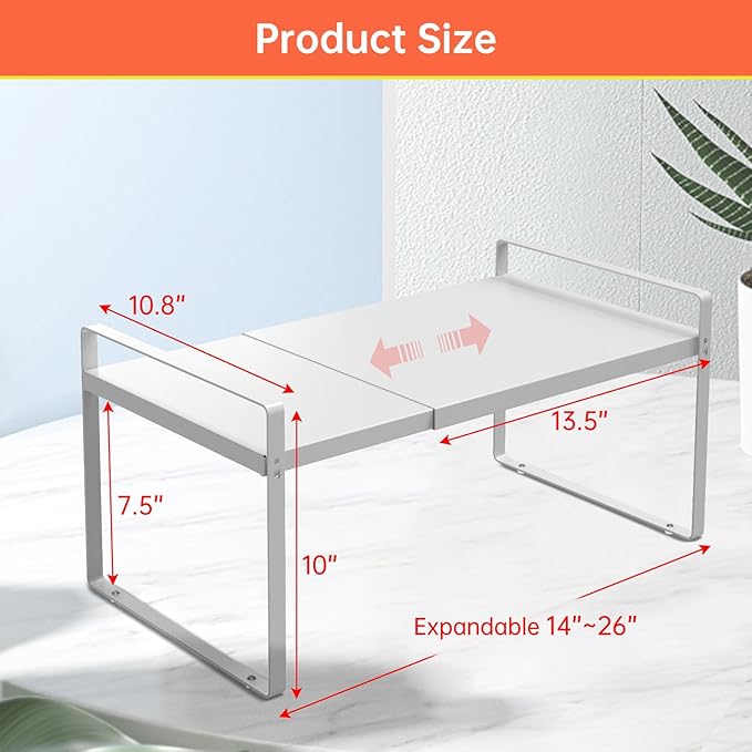 Cabinet Shelves Organizer for Kitchen 11", Expandable Shelf with Adjustable Length, Metal Countertop Organizer, Fits Pantry, Over the Sink, Spices, Microwave & Dishes Storage, White (2 Pack)-NeatNest