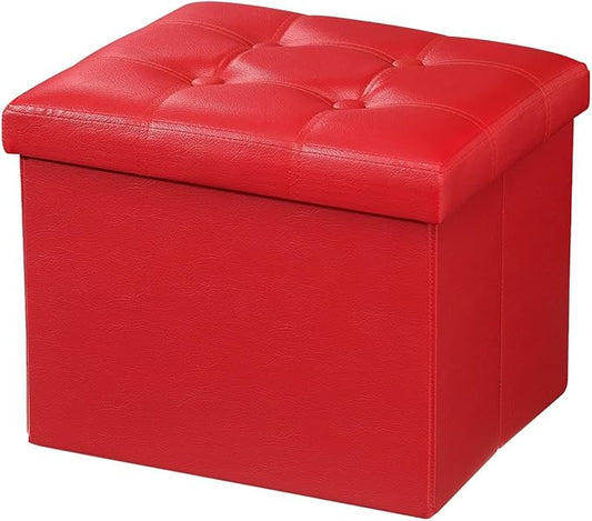 AmasSmile Storage Ottoman Folding Foot Rest Stool, Leather Footstool Bench, Short Ottoman Stool, Storage Foot Rest Store, Books (Red, 17" D x 13" W x 13" H)-NeatNest