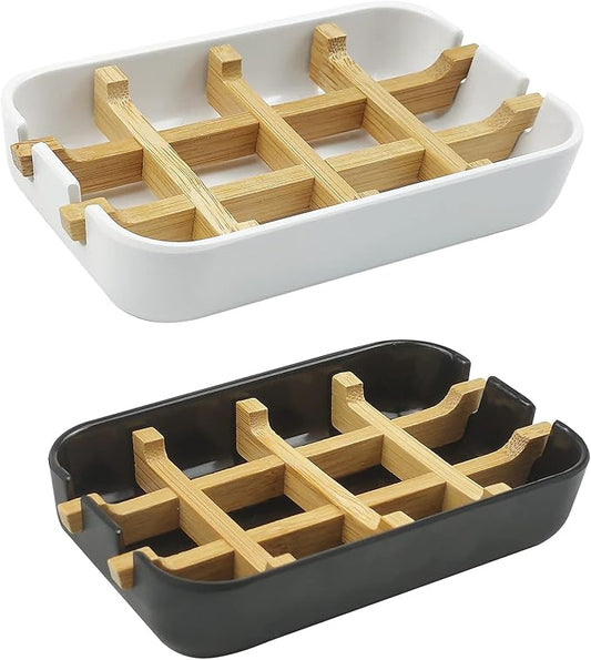 2 Pack Bamboo Soap Dish, Self-Draining Soap Box, Wooden Bamboo Bar Soap Holder for Shower, Bathroom, Kitchen, Bathtub, Bar Sink (White and Black)-NeatNest