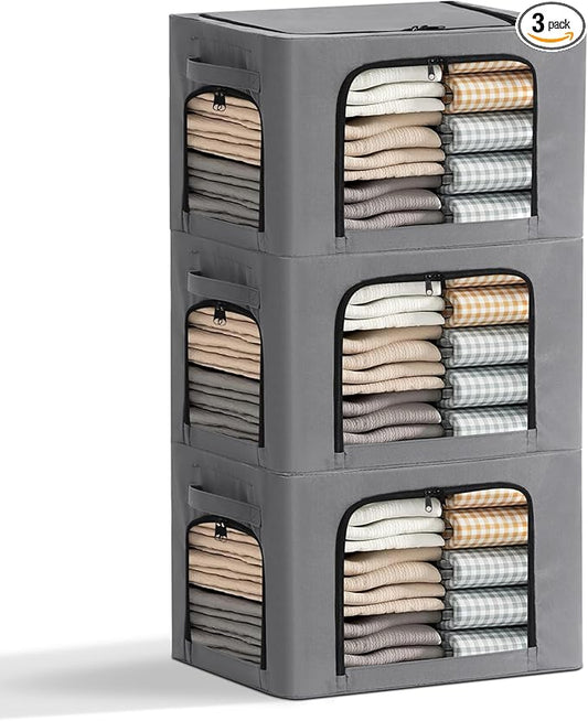 3-Pack Clothes Storage Bins with Metal Frame, Foldable 40L Linen Storage Boxes with Lids, Organizer with Clear Windows, Zippers & Durable Handles (Gray)-NeatNest