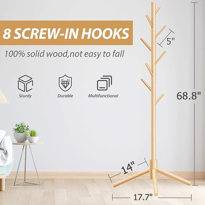 Durable Wooden Coat Rack, Freestanding Coat Rack with Stable Triangular Base, 8 Hooks & 3 Adjustable Heights, Simple Assembly for Bedroom, Hallway, Office(New Nature)-NeatNest