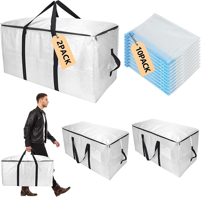 Extra Large Moving Bags with Vacuum Storage Bags Combo – Heavy Duty Totes with Handles & Zippers for Effortless Moving, (Transparent, 12 Park-2 Move bag & 10 Vacuum Seal Bag)