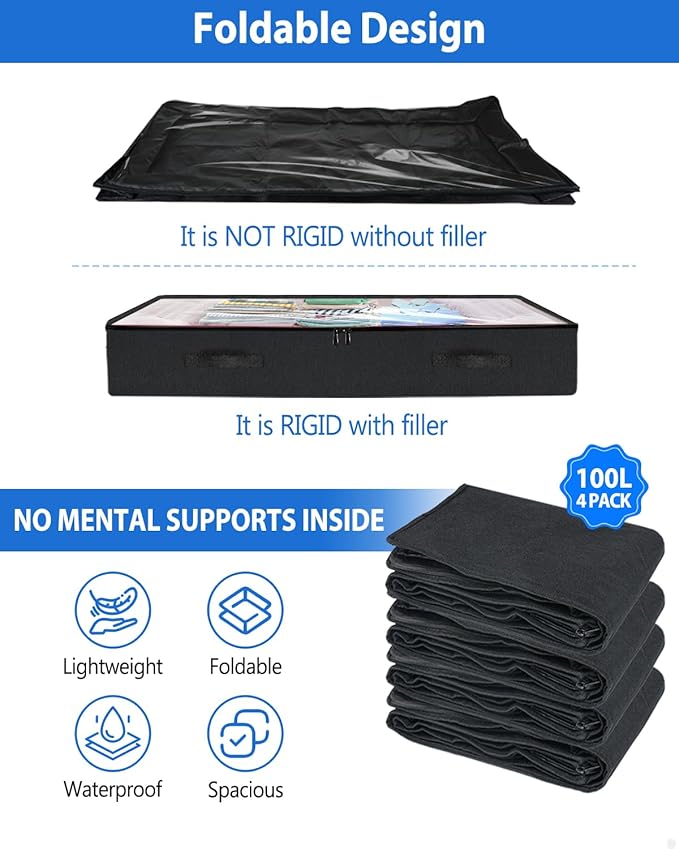 Under Bed Storage Containers Large 40" X 20" X 7.5" (No Support) Fabric Zipper Underbed Storage Bags, 100L Long Flat Foldable Storage Bins W/ Clear Lids For Clothes Blanket College Dorm, Black 4Pack-NeatNest