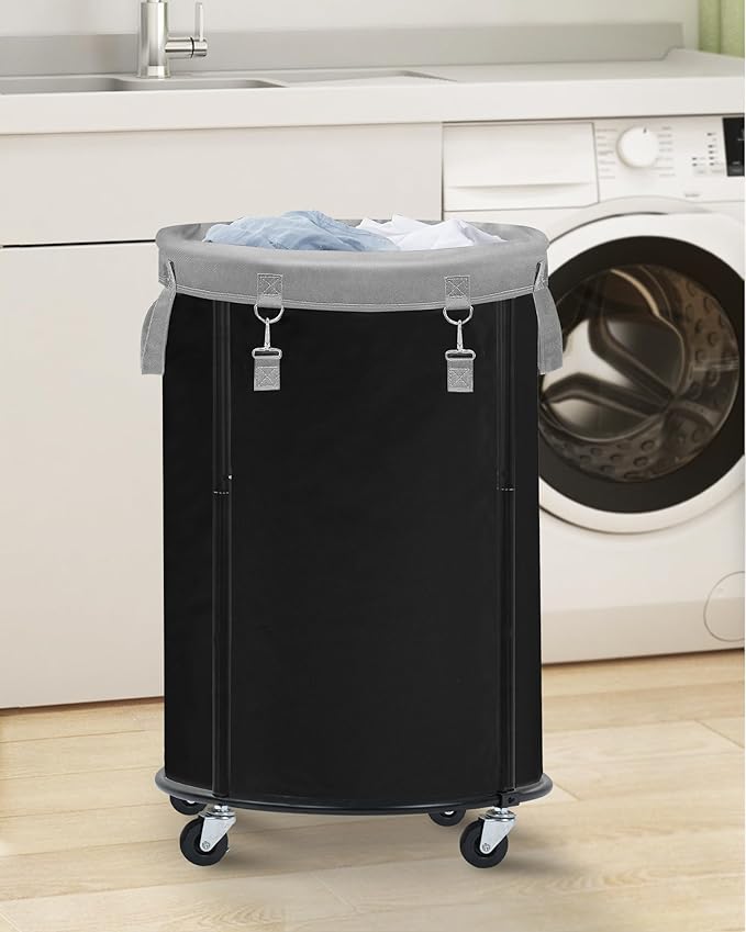STORAGE MANIAC Rolling Laundry Hamper with Wheels 110L Laundry Basket, Round Laundry Cart with Metal Frame and Removable Bag, Clothes Hamper for Bedroom, Bathroom, Dorm Room, Laundry Room, Black