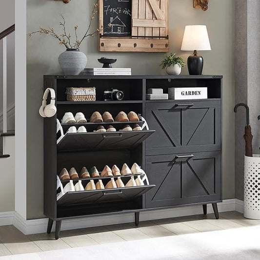 Shoe Storage Cabinet, Farmhouse Shoe Organizer with 4 Flip Drawers & Barn Door,Freestanding Hidden Slim Narrow Shoe Rack with Open Shelves for Entryway, Foyer, Hallway, Black-NeatNest