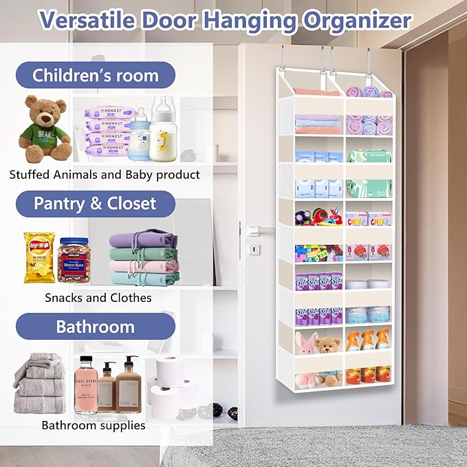 Heavy Duty Over The Door Organizer 5 Tier, Extra Large Behind Door Storage of 10 Compartments, 80 lb Weight Capacity, Hanging Hidden Doors Storage Organizer for Bathroom Closet Nursery Bedroom, Beige