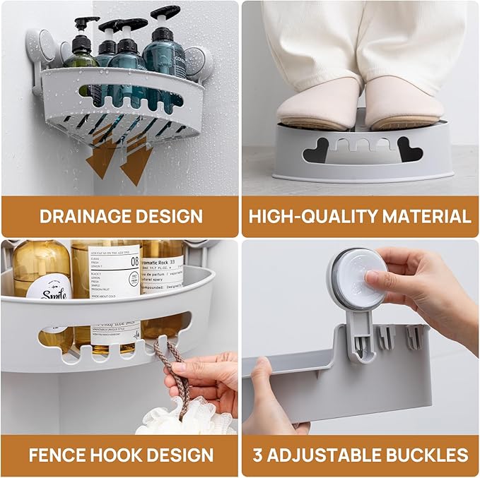 LEVERLOC Corner Shower Caddy Suction Cup, shower shelves suction cup, 2 Pack Basket Powerful Bathroom, Waterproof & Oil-proof Organizer for Kitchen, No-Drilling Removable (Grey)