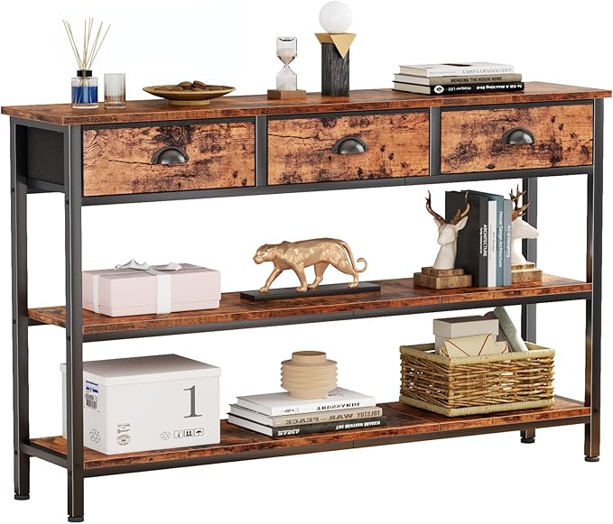 Furologee Long 47" Console Sofa Table with 3 Drawers, Entryway Table with 3-Tier Storage Shelves, Industrial Display Shelf for Entry Way, Hallway, Couch, Living Room, Kitchen, Foyer, Rustic Brown-NeatNest