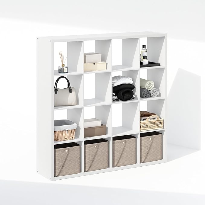 Furinno Cubic Open Back Multipurpose Clothing & Closet Storage Organizer Shelf, 16-Cube, White