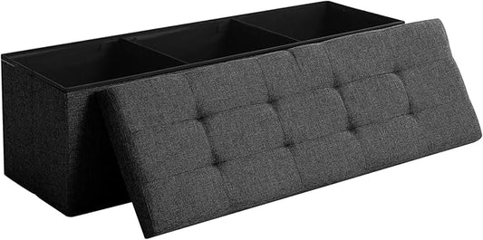 CUYOCA 45.3 Inches Storage Ottoman Bench Foldable Seat Footrest Shoe Bench End of Bed Storage with Flipping Lid, 166L Storage Space, Linen Fabric Black-NeatNest