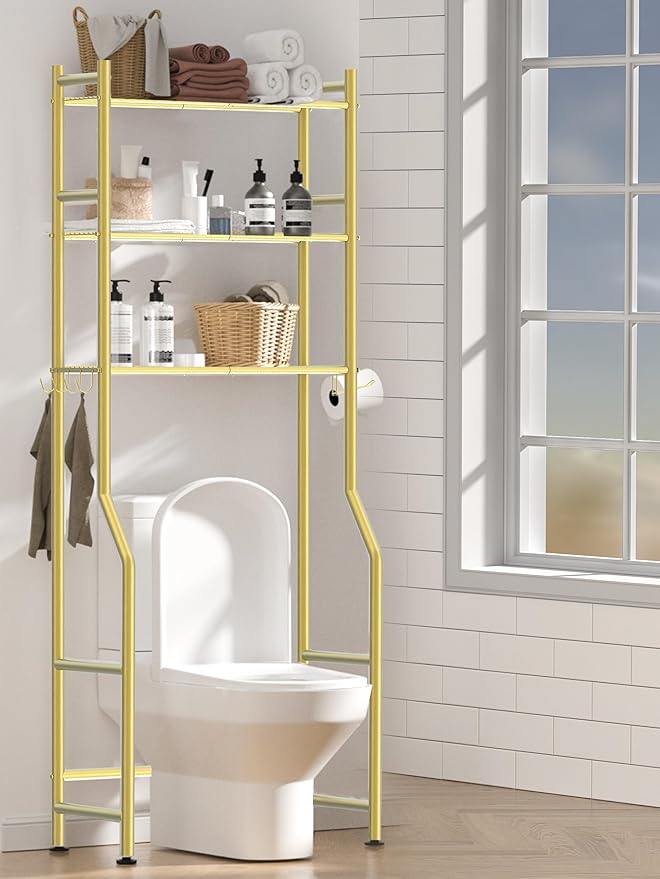 3 Tier Over The Toilet Storage Rack with 2 Basket, Metal Freestanding Bathroom Shelves Toilet with Paper Holder and 4 Hooks, Over Toilet Storage Shelf for Bathroom Storage, Glod-NeatNest
