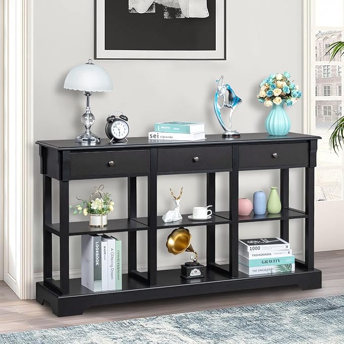 Karl home Console Table with 3 Drawers, 58" W Entryway Desk Sofa Side Table with 6 Bottom Cube Storage Shelves, Vintage TV Stand for Hallway Living Room Office, Black 32.5" H-NeatNest