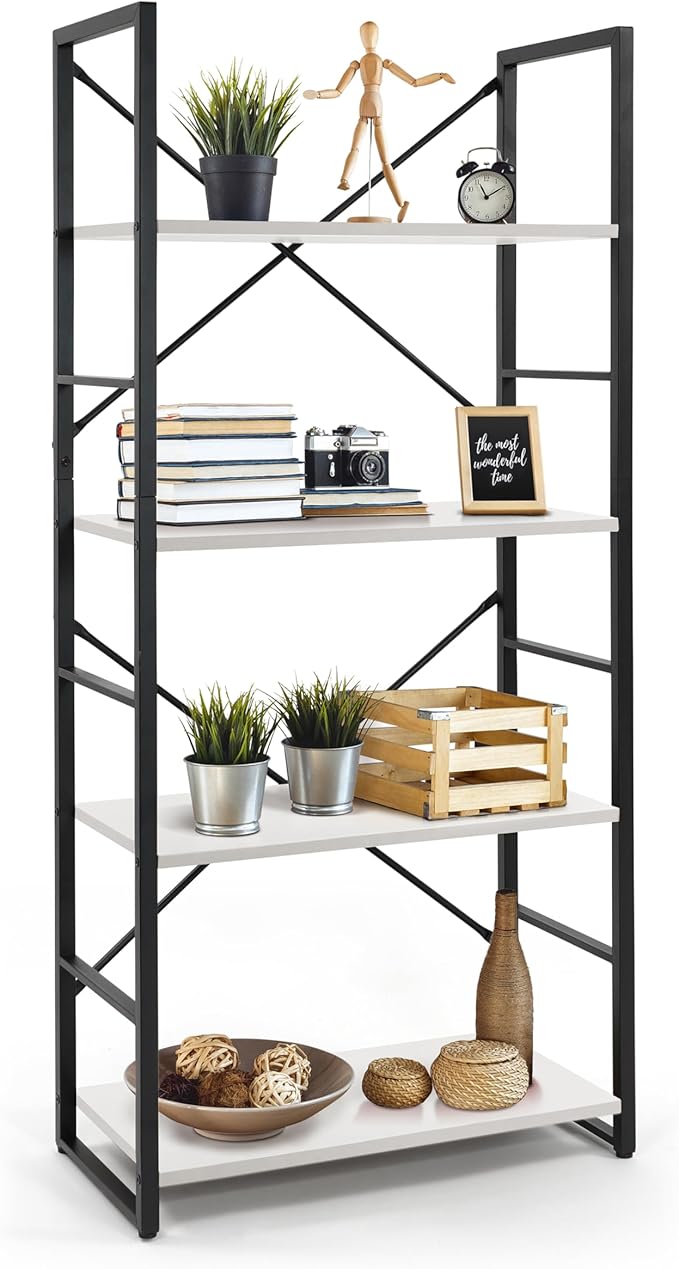CAPHAUS 4 Tier Bookshelf, 24 Inch Width Free Standing Shelf, Bookcase Shelf Storage Organizer, Industrial Book Shelves for Home Office, Living Room, Kitchen, White Shelves & Metal Frame-NeatNest