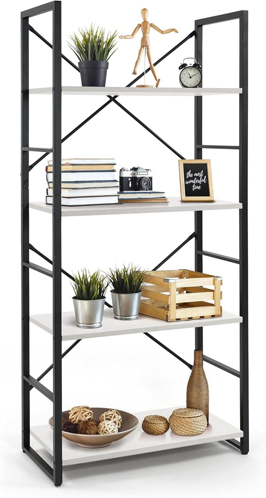 CAPHAUS 4 Tier Bookshelf, 24 Inch Width Free Standing Shelf, Bookcase Shelf Storage Organizer, Industrial Book Shelves for Home Office, Living Room, Kitchen, White Shelves & Metal Frame-NeatNest