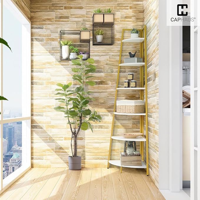 CAPHAUS Tall Corner Shelf Stand, 6-Tier Display Shelves, Ladder Corner Wood Storage Plant Bookshelf with Metal Frame, Versatile Shelving Unit Bookcase for Home Office Space, Gold-NeatNest