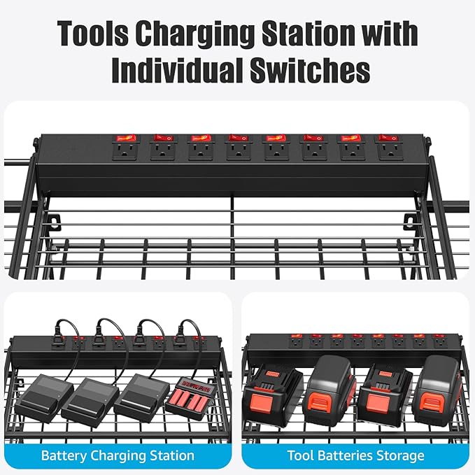 CCCEI Black Power Tool Organizer Wall Mount, Large Tools and Battery Storage Rack Charging Station Individual Switches. Drills Holder, Garage Utility Shelves with 6FT Power Strip. Gift for Men.-NeatNest