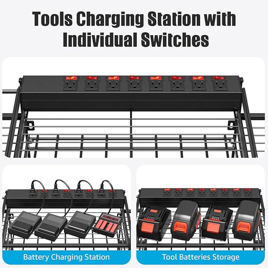CCCEI Black Power Tool Organizer Wall Mount, Large Tools and Battery Storage Rack Charging Station Individual Switches. Drills Holder, Garage Utility Shelves with 6FT Power Strip. Gift for Men.-NeatNest