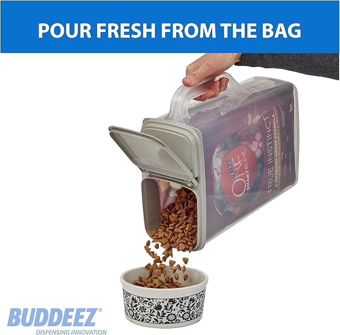 Buddeez Pet Food Storage Container - 8 Quart Capacity Dog / Cat Food & Bird Seed Container with Durable EZ Grip Handle, Flip Gray Lid (includes 1 Cup Clear Scoop)-NeatNest