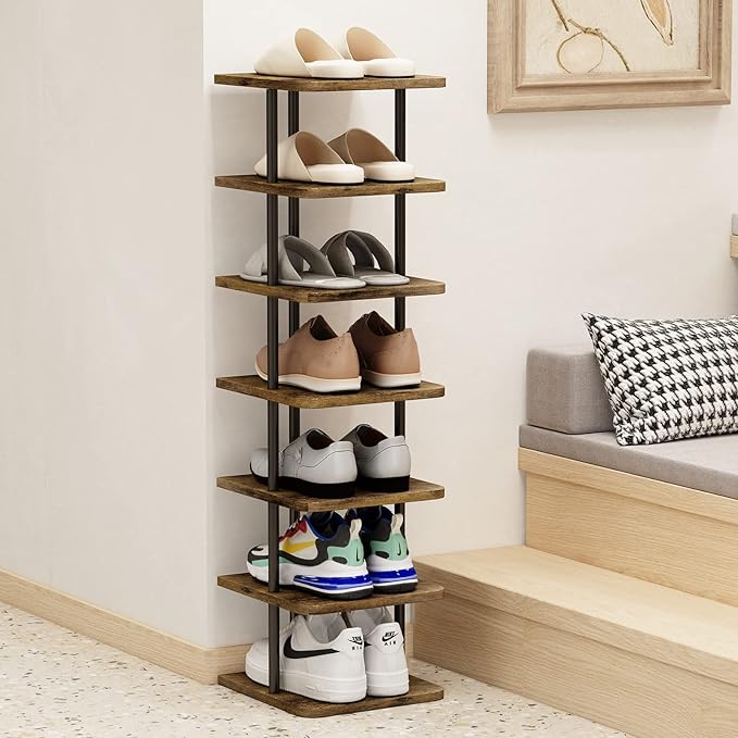 AZERPIAN Shoe Rack 7 Tier Vertical Storage Organizer Narrow Metal Slim Shelf Modern Free Standing Shoe Tower Saving Space for Closet Entryway Bedroom,Black+Rustic Brown-NeatNest