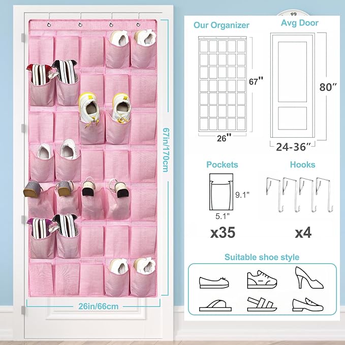 35 Pockets Over the Door Shoe Organizer, Hanging Door Shoe Rack for Closet, Large Shoe Storage Holder Zapateras Organizer for Shoes (Pink)-NeatNest