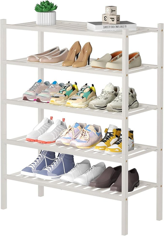 5 Tier Bamboo Shoe Rack for Closet Free Standing Wood Shoe Shelf for Entryway Small Space Stackable 27"x11"x33" (White)-NeatNest